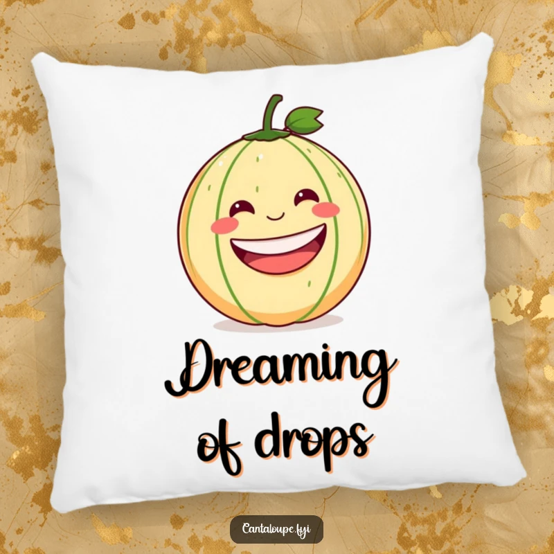 Funny Cantaloupe Pillow: A plush pillow displaying a cantaloupe with a wide grin joyfully rolling downhill, perfect for a comfy laugh.