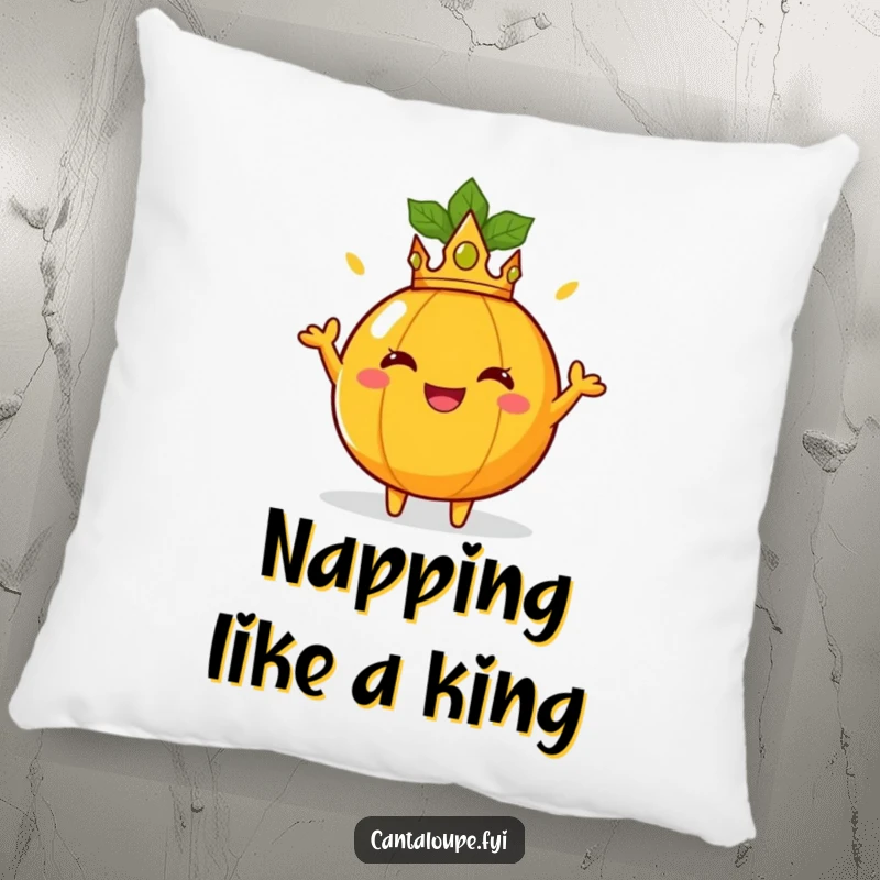 Funny Pillow: A regal cantaloupe with a crown poses joyfully, offering comfort and smiles. A sweet funny gift.