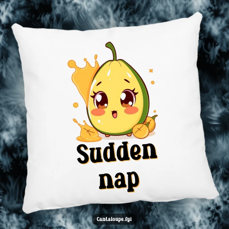 Funny Surprised Cantaloupe Pillow: A plush pillow featuring a cantaloupe character with comically large, surprised eyes, startled by a juice splash, for cozy humor.