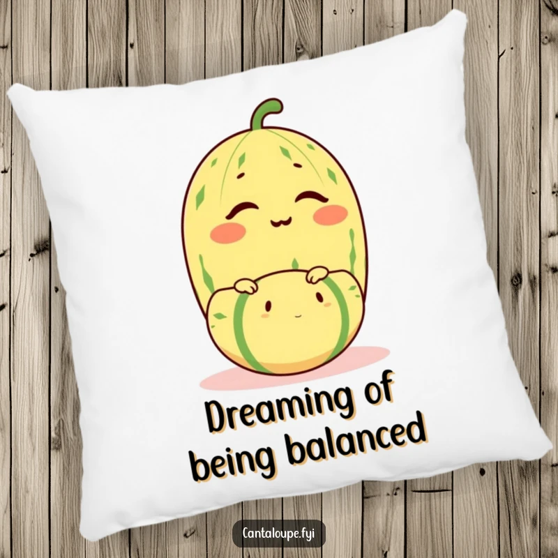 Funny cantaloupe character winking while balancing a smaller melon, a decorative and humorous pillow.