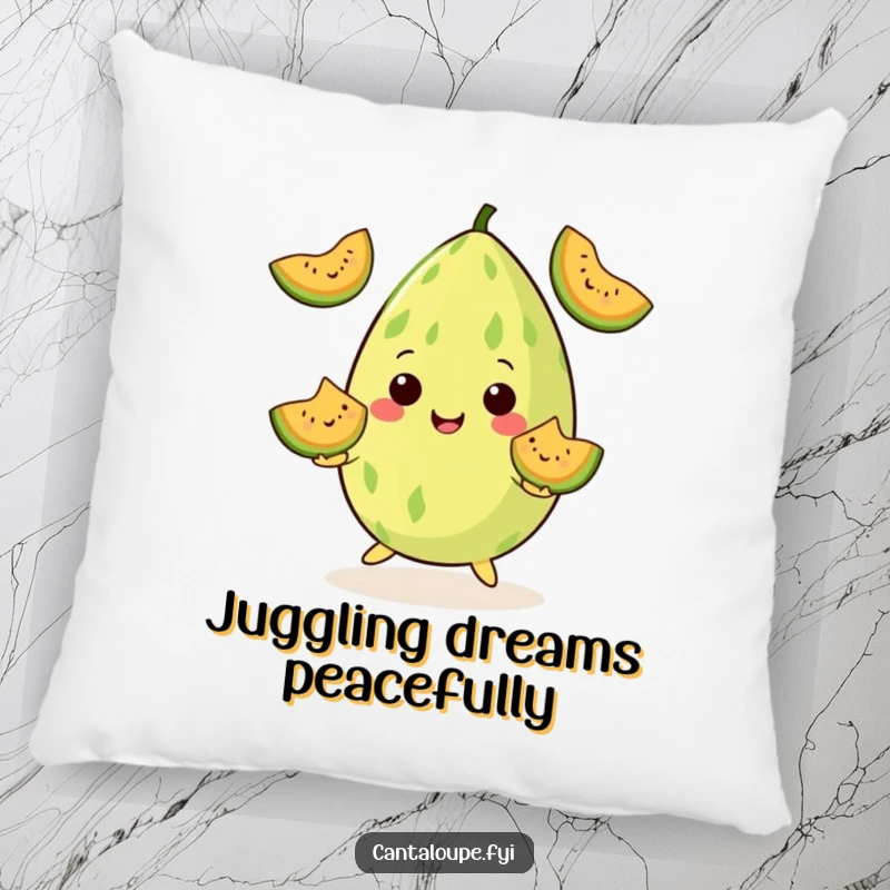 Funny Pillow: A cantaloupe artist juggles smiling melon wedges, offering comfort and smiles. A fun funny gift.