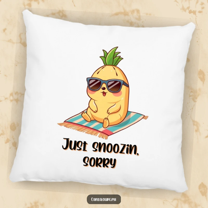 Funny cantaloupe character in sunglasses relaxing on a beach towel, a soft and humorous decorative pillow.