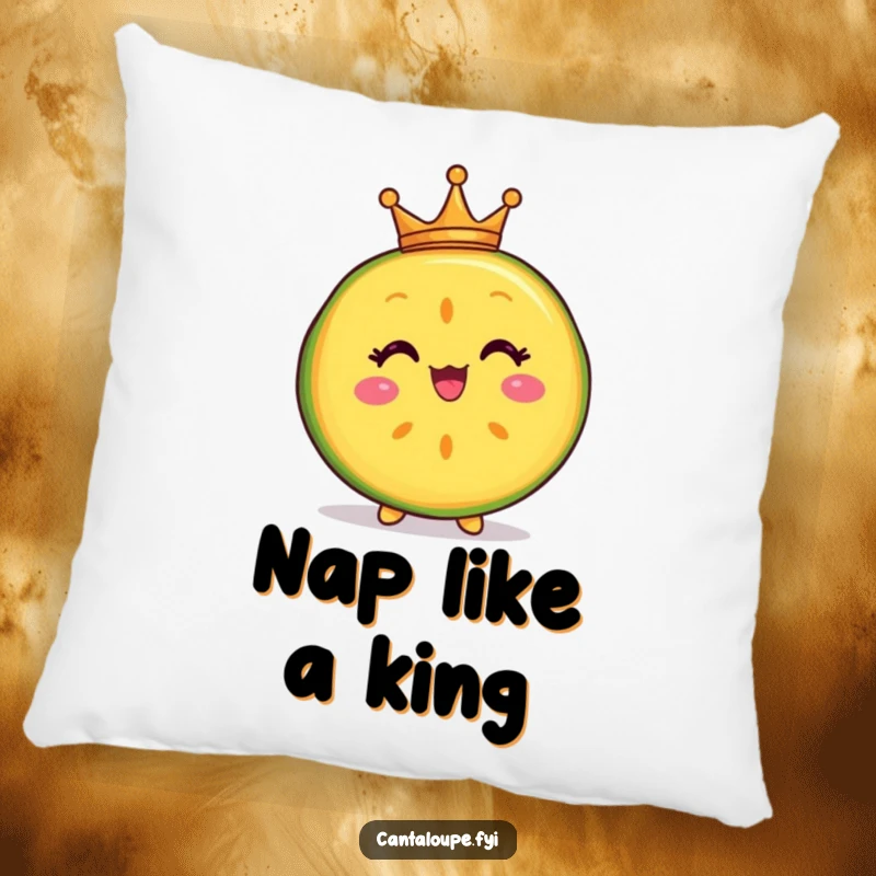 Funny pillow with a delighted cantaloupe slice character wearing a tiny crown, perfect for adding a touch of whimsical royal decor.