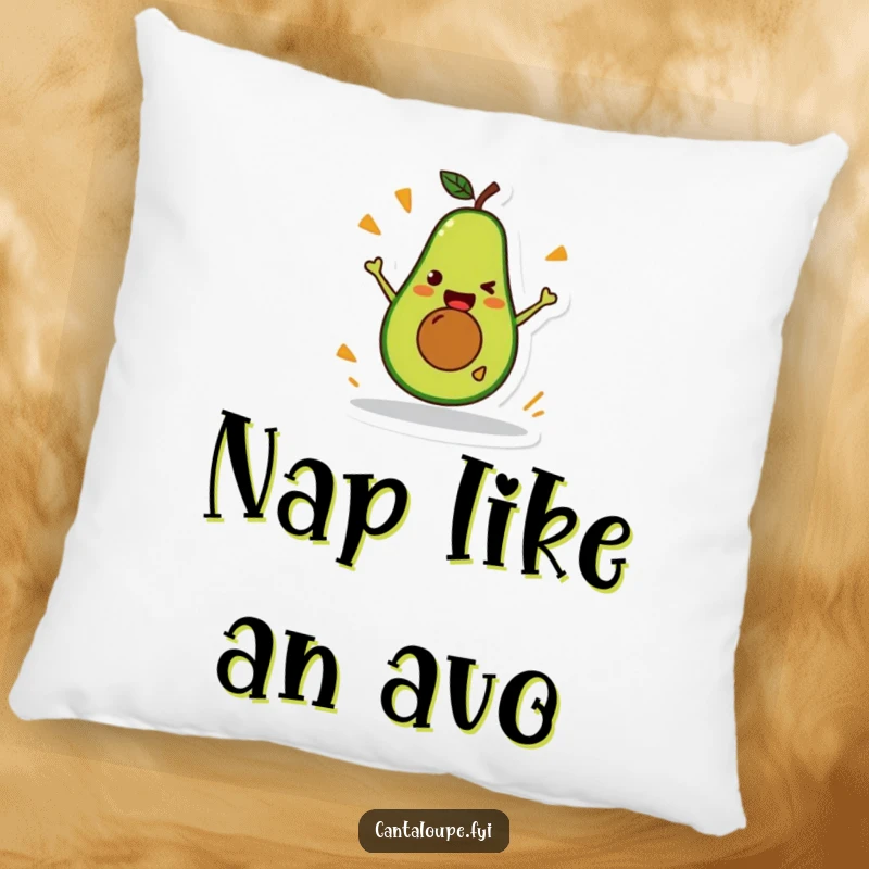 Funny Avocado Pillow: A soft plush pillow featuring a happy avocado character performing a stunt, offering comfort and humor.