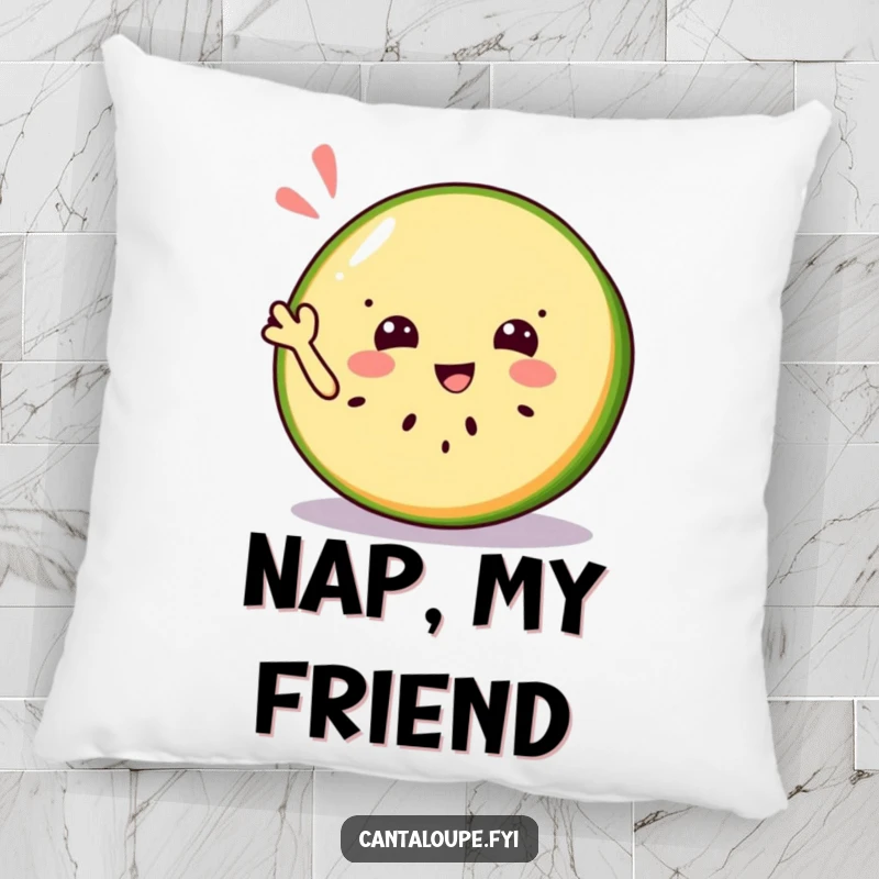 Funny pillow featuring a jolly cantaloupe slice character waving a refreshing greeting, adding comfort and cheer.