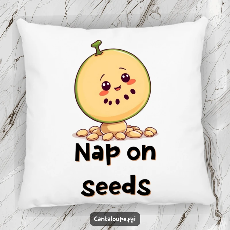Funny pillow with a cantaloupe slice character attempting to balance on seeds, providing soft comfort and humor.
