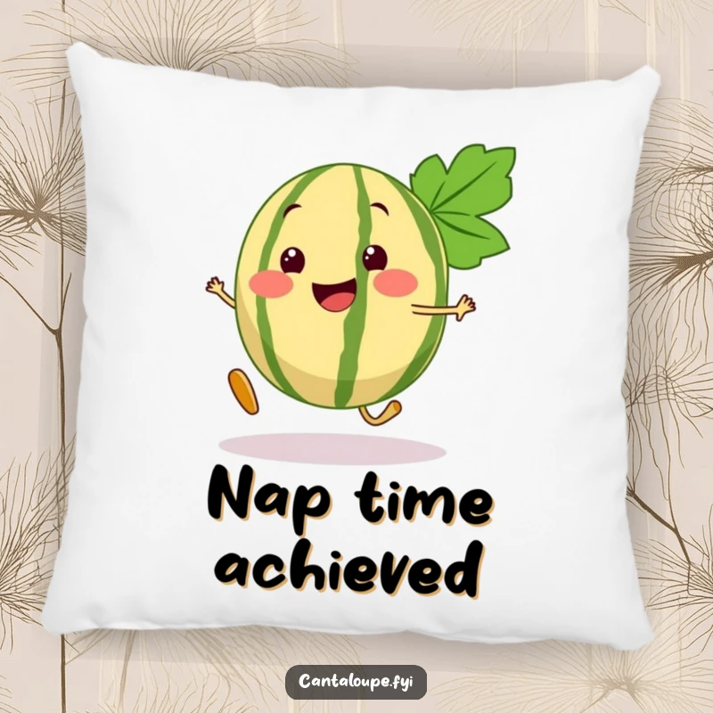 Funny Cantaloupe Pillow featuring a charming cantaloupe segment character taking an energetic, bouncy step, soft and huggable.