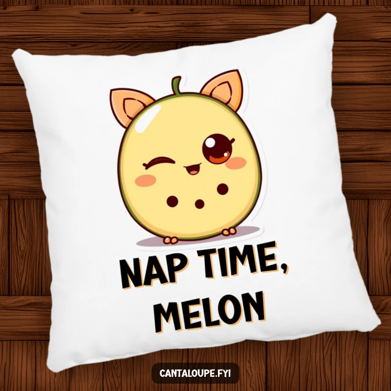 Funny Cantaloupe Pillow: A soft cushion featuring a cantaloupe wedge with a charming wink, offering comfort and humor.