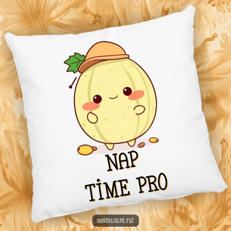 Funny Cantaloupe Juggler Pillow: A plush pillow featuring a cantaloupe character with a tiny hat, demonstrating seed juggling, for cozy and humorous appeal.