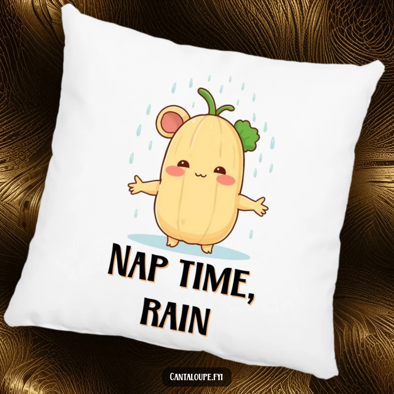 Funny cantaloupe character embracing a rain shower, depicted on a plush pillow for comfort and calming visual appeal.