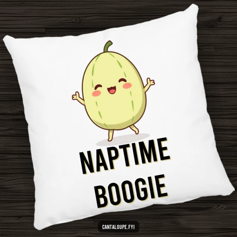 Funny pillow exhibiting a cantaloupe character in a fit of joyful dancing, its round body swaying with pure, delightful, fruity energy.