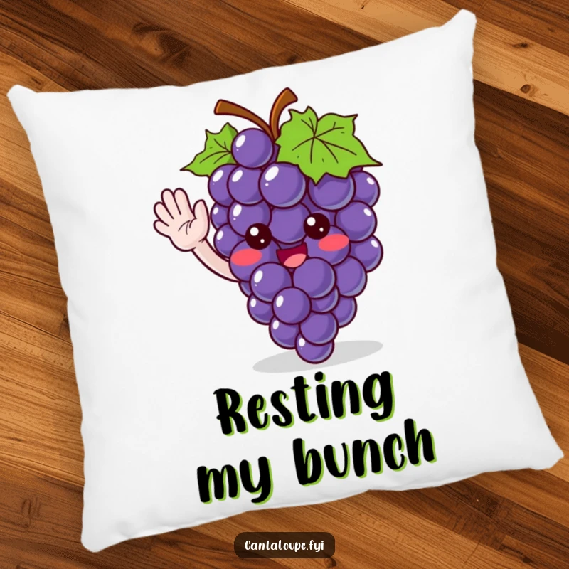 Funny pillow featuring a cute grape bunch character giving a friendly wave, offering comfort and a dose of fruity humor.