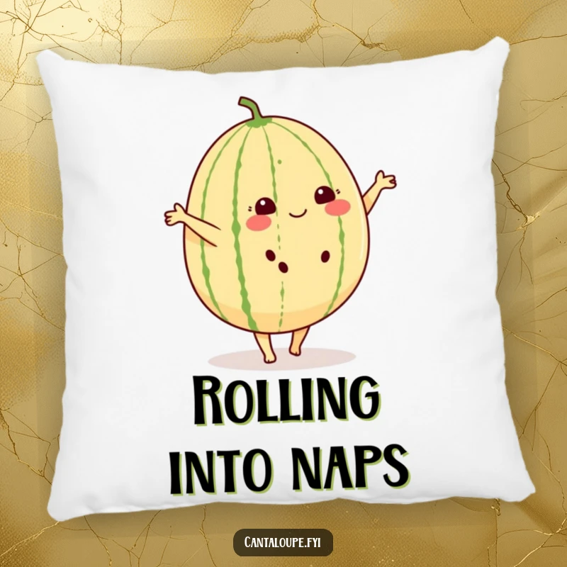 Funny pillow featuring a cheerful cantaloupe character with small feet, doing a cartwheel with delight.