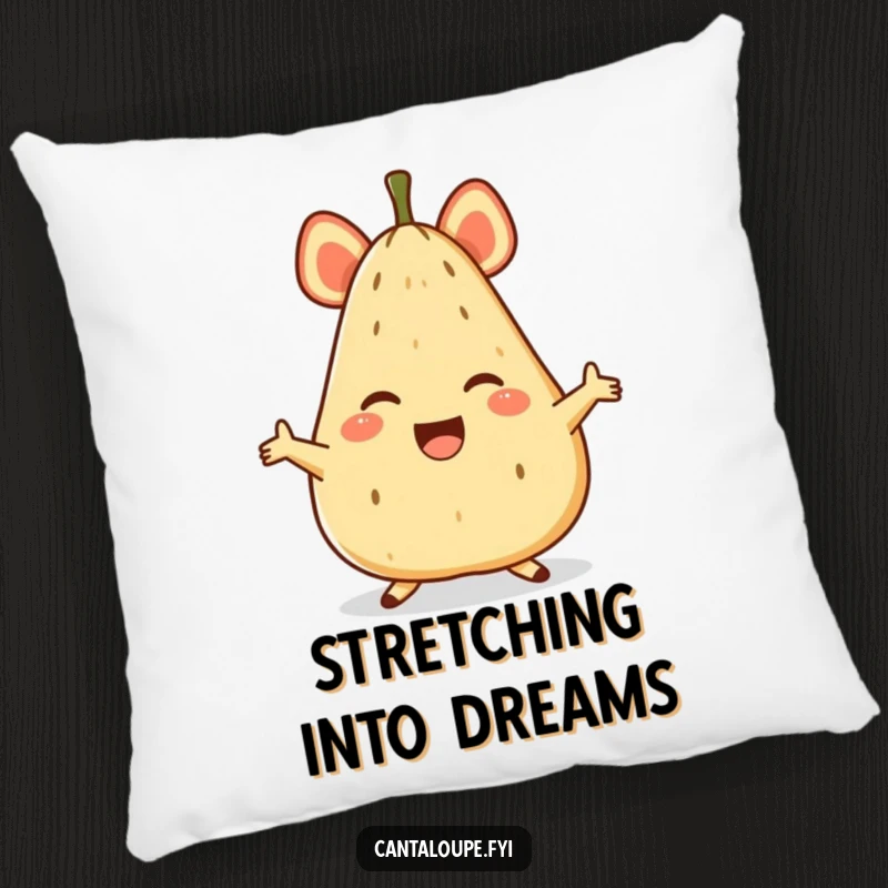 Funny pillow featuring a cheerful anthropomorphic cantaloupe character in a wide, joyful split, perfect for lounging.
