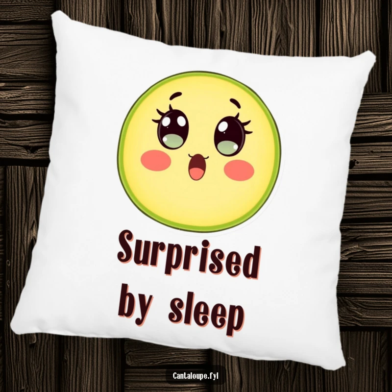 Funny Cantaloupe Slice Pillow: A cantaloupe character with wide, watery eyes shows hilarious surprise, offering plush comfort and a touch of amusement.