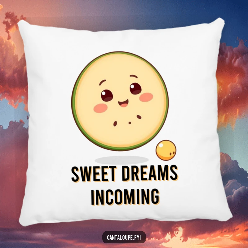 Funny Pillow with a smiling cantaloupe slice character happily bouncing a small ball, perfect for cozy, playful relaxation.