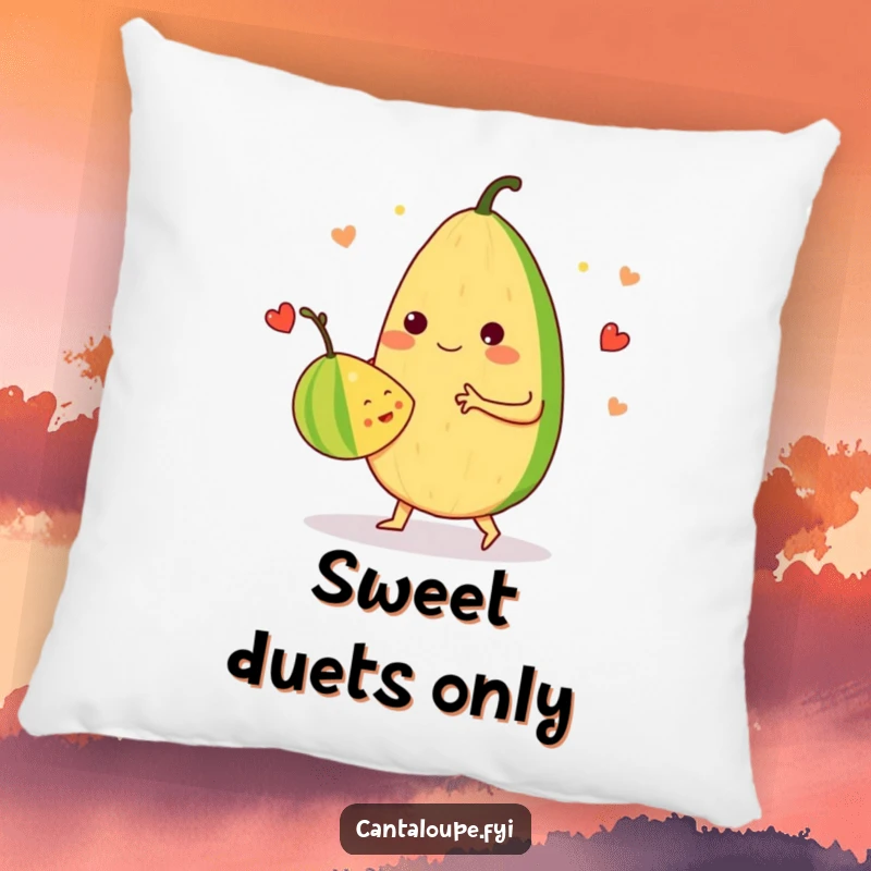 Funny Pillow: An anthropomorphic cantaloupe dances a merry waltz with another fruit, providing comfort and a touch of fruity joy.