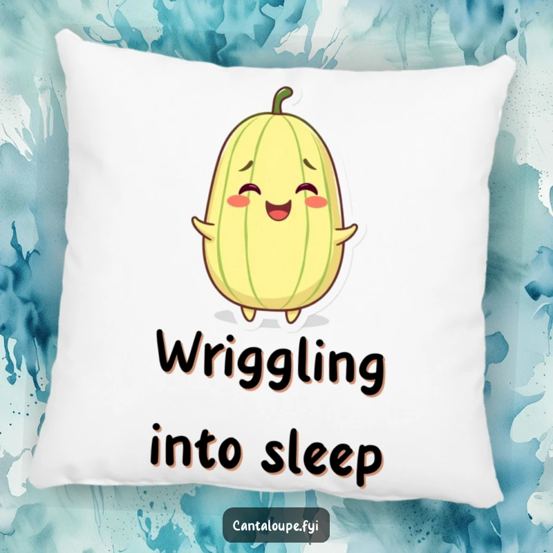 Funny pillow featuring a grinning cantaloupe character joyfully wiggling, perfect for cozy, happy spaces.
