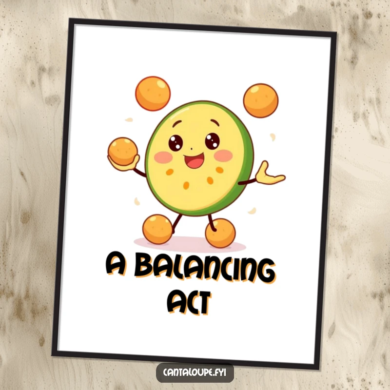 Funny Cantaloupe Slice Digital Art: A happy cantaloupe character juggles melon balls, creating a dynamic and amusing visual for stylish decor. Instant smiles.