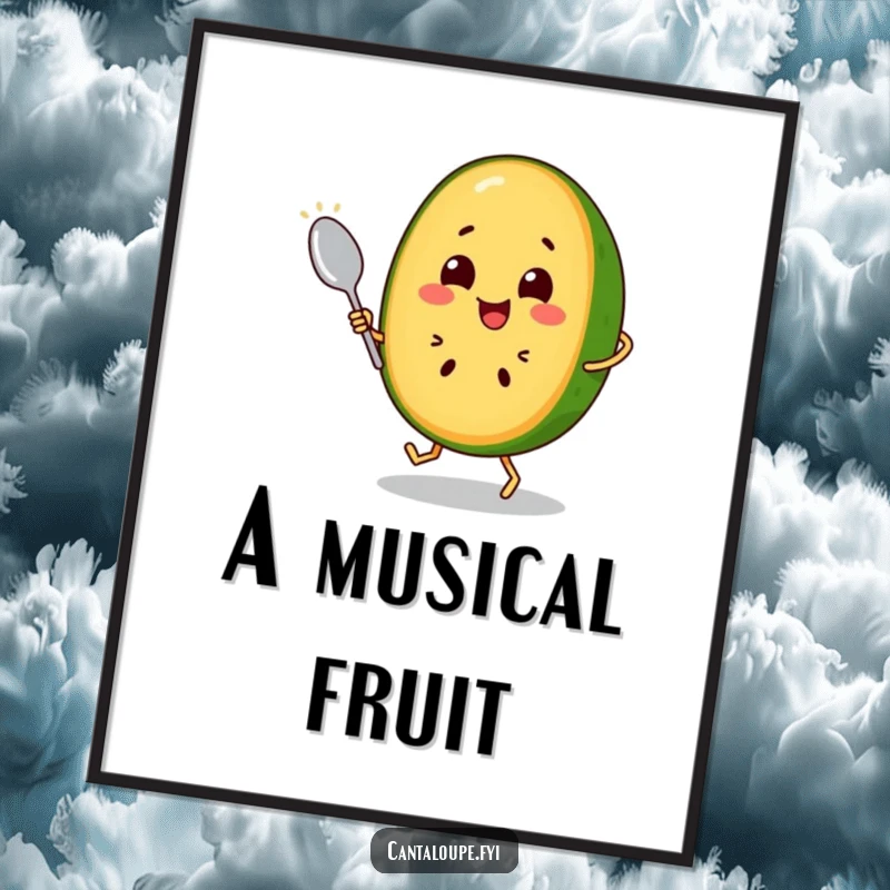 Funny Cantaloupe Slice Digital Art: A cheerful cantaloupe character dances with a spoon, creating a dynamic and joyful visual for your space. Downloadable fun.