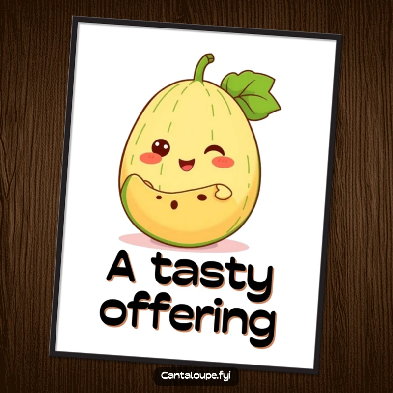 Funny Digital Art Print: An anthropomorphic cantaloupe cheerfully offers a slice of itself, symbolizing generous fruit art.