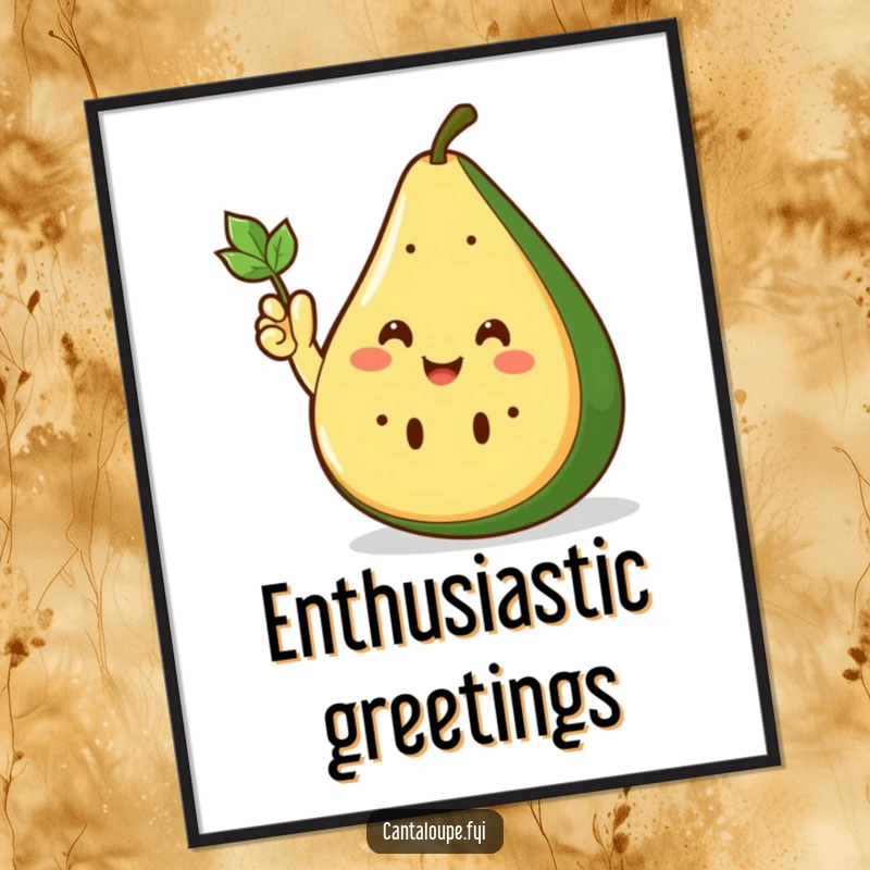Funny Digital Art Print of a smiling cantaloupe wedge giving an enthusiastic wave with its small leafy hand, full of cheer.