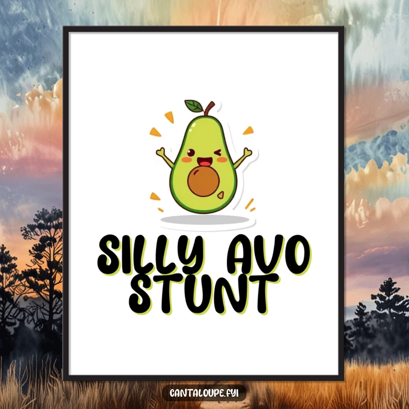 Funny Avocado Digital Art Print: A happy avocado character performing a silly stunt, ready to bring laughter.