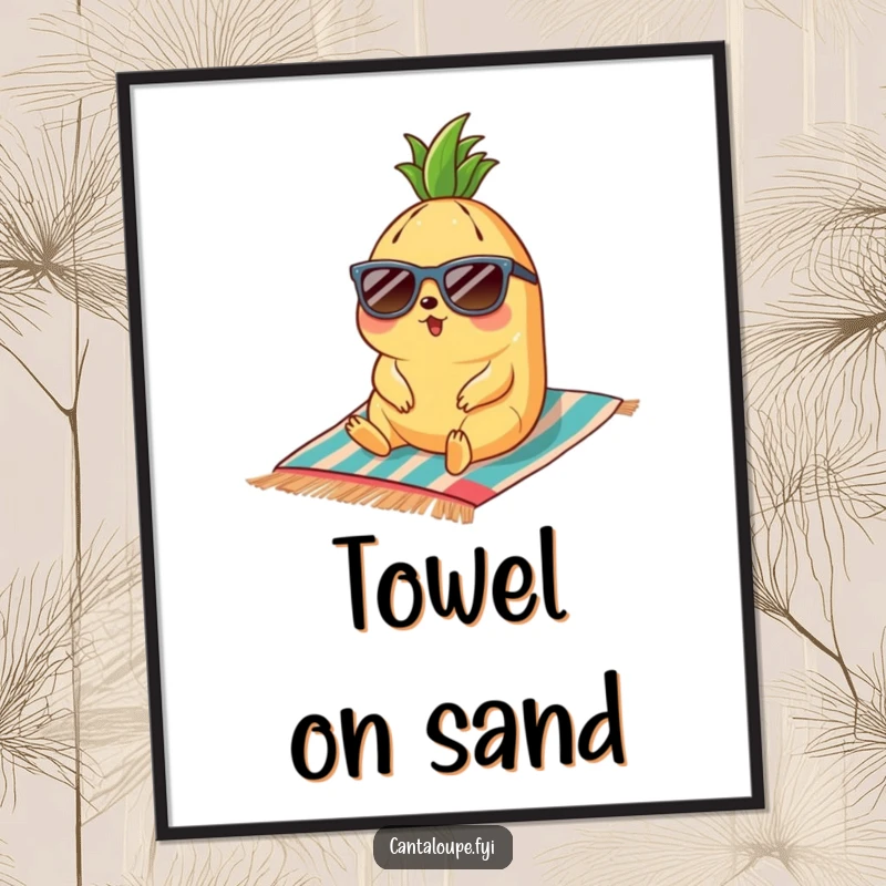 Funny cantaloupe character wearing sunglasses and relaxing on a beach towel, a vibrant and humorous digital art print.