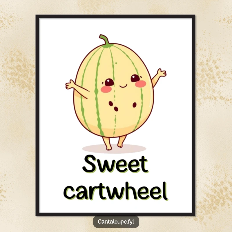 Funny digital art print of a cheerful cantaloupe with small feet, doing a cartwheel with great delight.