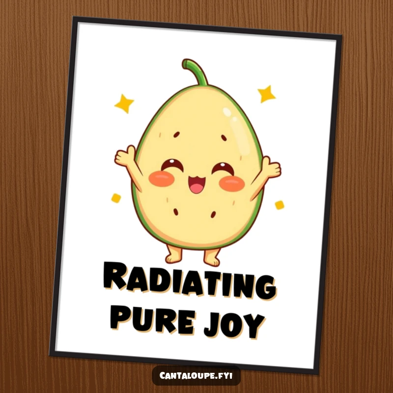 Funny Cantaloupe Digital Art: A printable art featuring a cantaloupe character cheering with a vibrant, sunny disposition, full of joy.