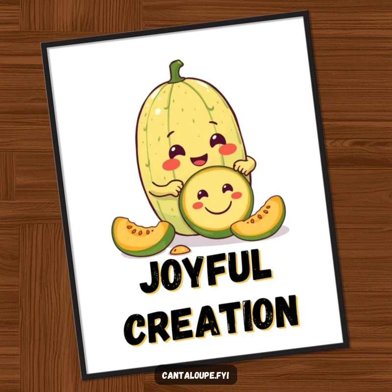 Funny digital art print of a cantaloupe character enthusiastically carving a smiley face into a smaller melon, celebrating the art of smiles.