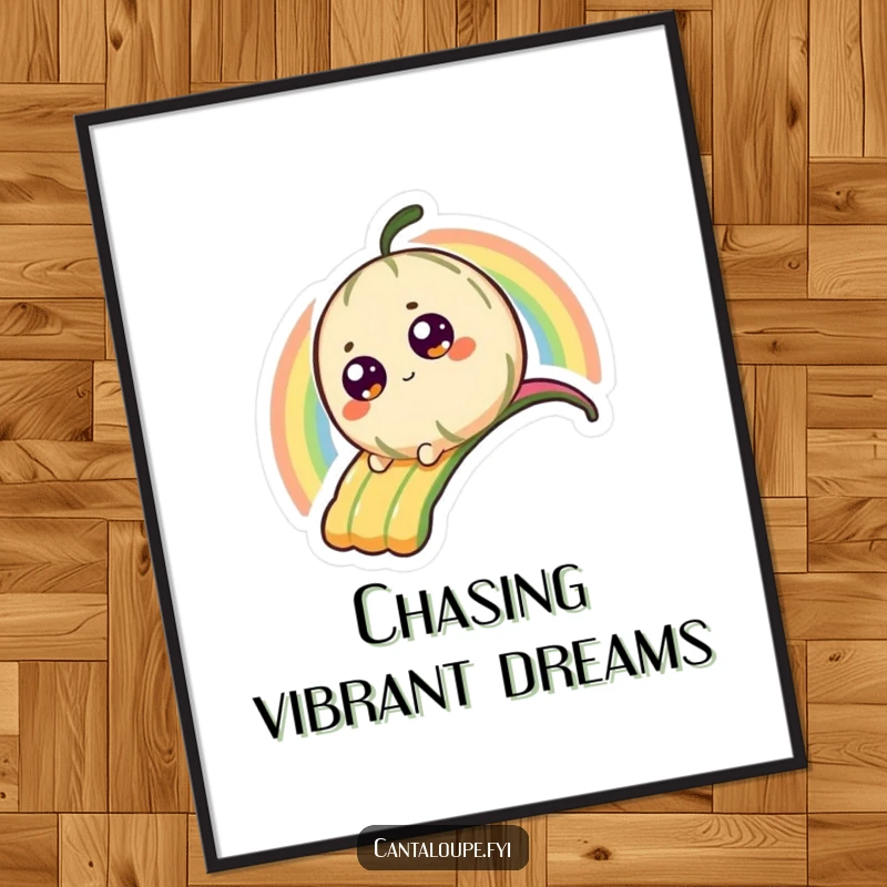 Funny Digital Art Print of a tiny, bright-eyed cantaloupe character joyfully sliding down a spectacular, colorful rainbow.