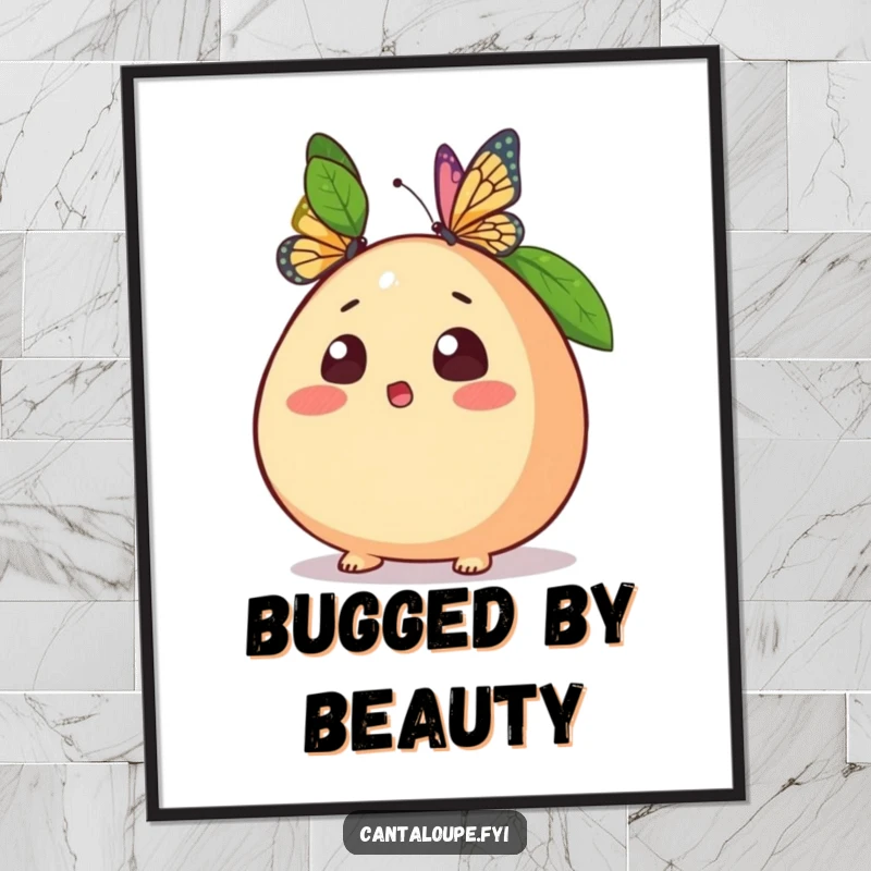 Funny digital art of a surprised anthropomorphic cantaloupe as a butterfly flutters close, ready for immediate printing and display.