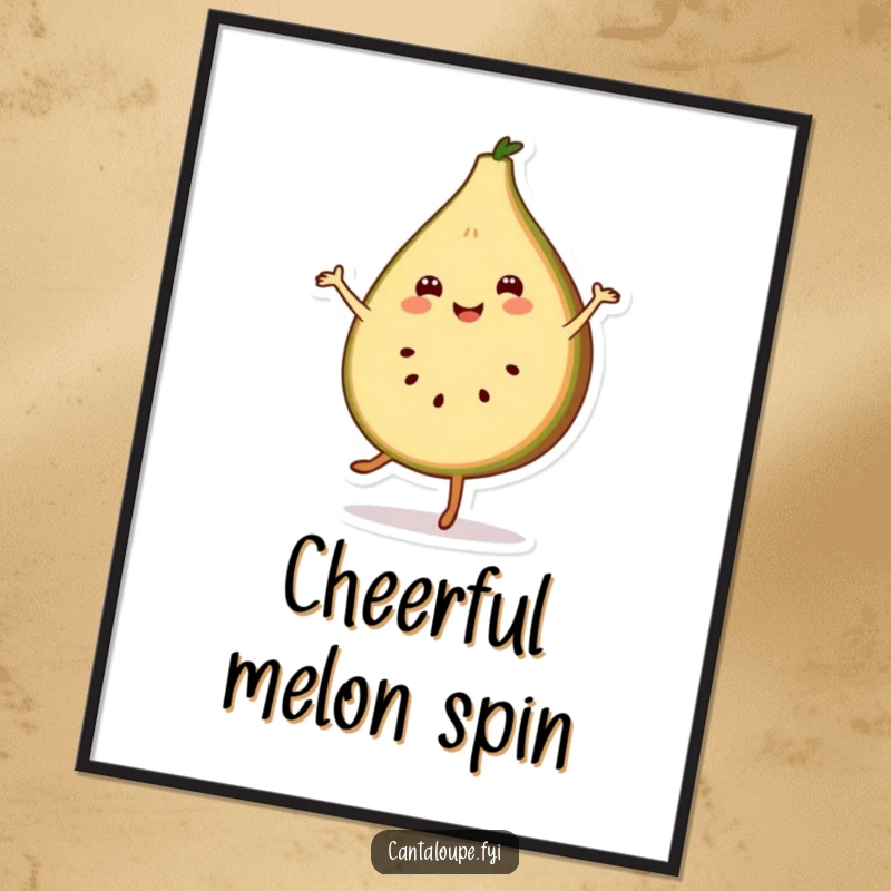 Funny digital art print of a smiling cantaloupe slice character in a cheerful pirouette, ideal for instant wall decor.