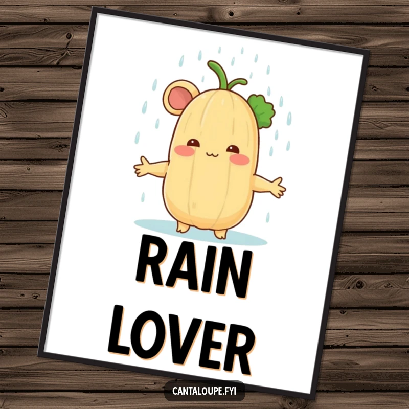 Funny cantaloupe character enjoying a rain shower, high-resolution digital art print, evoking tranquility and gentle humor.