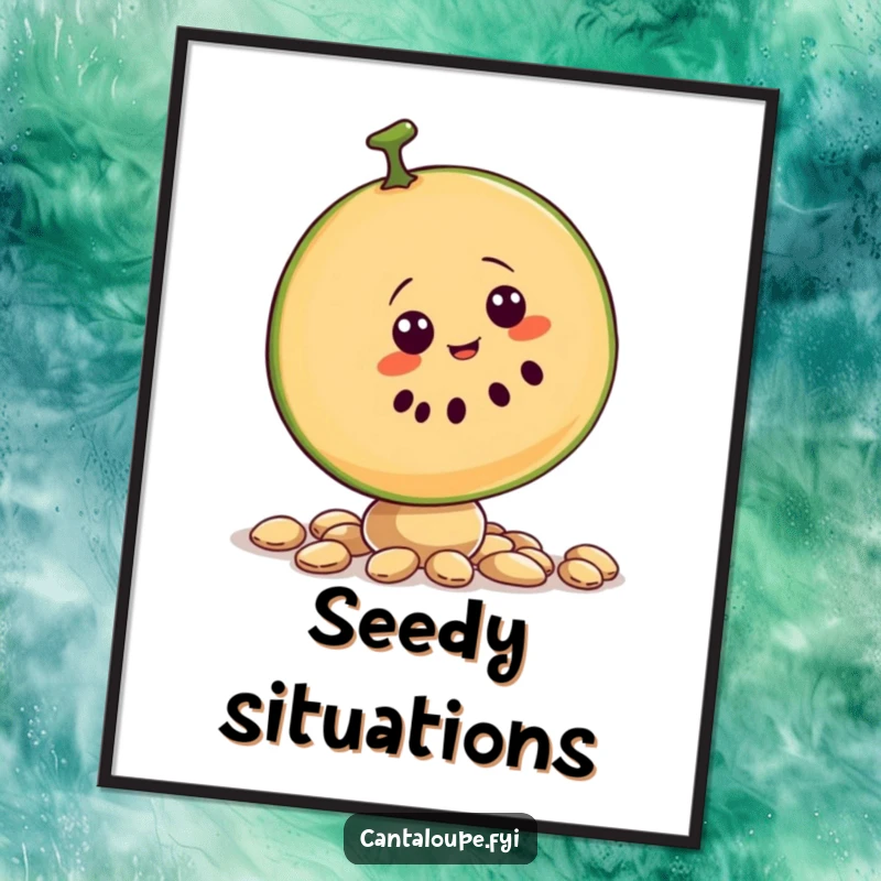 Funny digital art print of a cantaloupe slice character attempting to balance on seeds, full of whimsical charm.