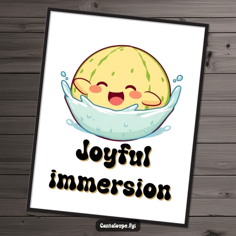 Funny digital art print of a cantaloupe character gleefully diving into water, captured mid-splash in a joyous aquatic moment.