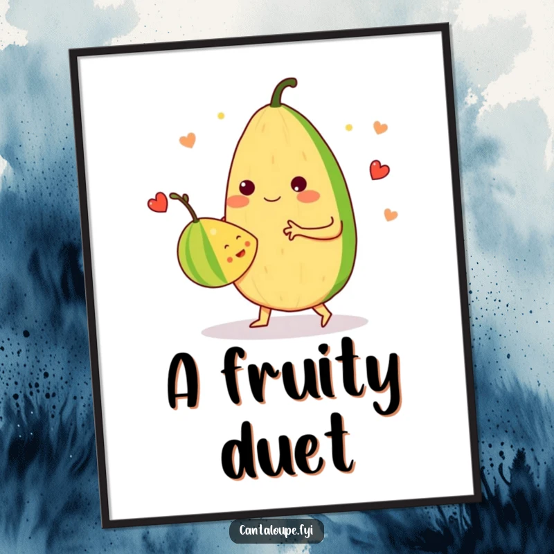Funny Digital Art Print: An anthropomorphic cantaloupe dances a merry waltz with another fruit, embodying playful fruity art.