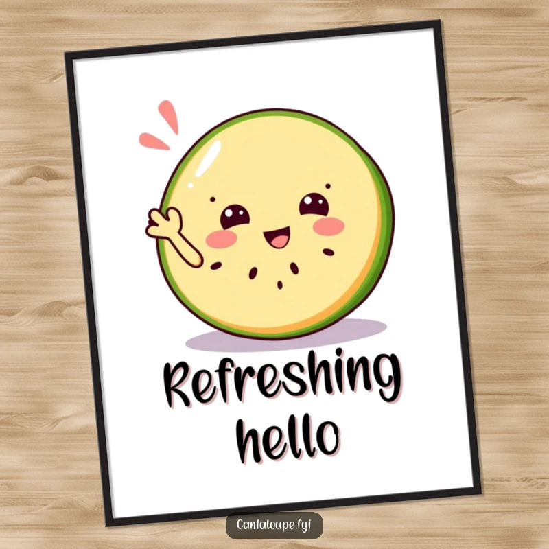 Funny digital art print of a jolly cantaloupe slice character giving a friendly and refreshing wave, full of cheer.