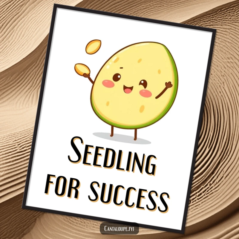 Funny Digital Art Print of a cheerful cantaloupe wedge character expertly juggling three tiny cantaloupe seeds, radiating playful skill.