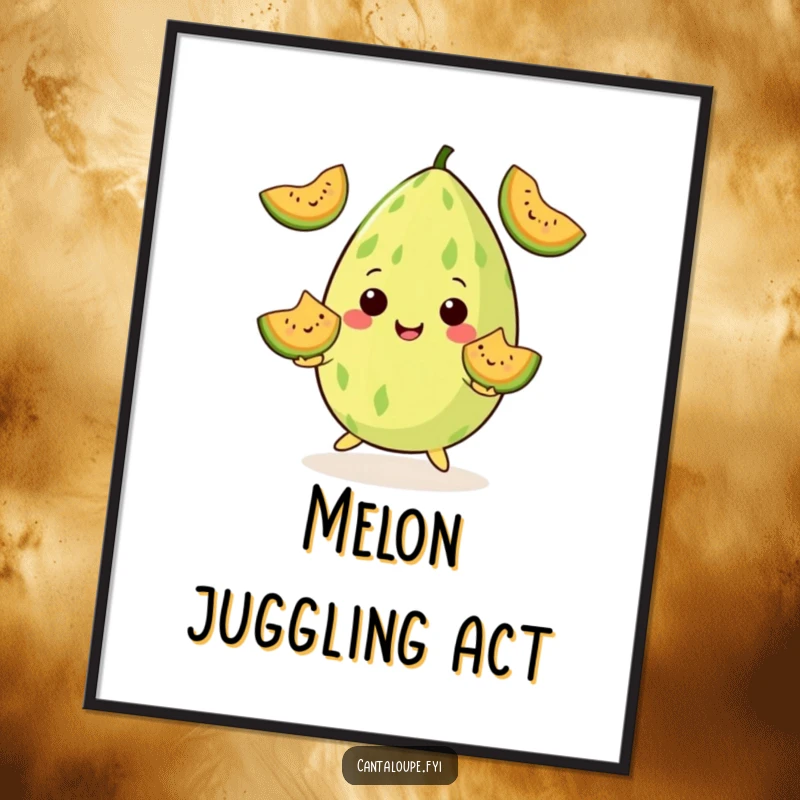 Funny Digital Art Print: A cantaloupe juggles smiling melon wedges with impressive skill. An easy funny gift.