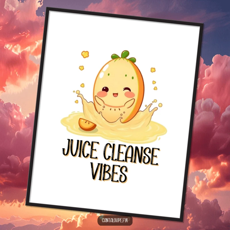 Funny Digital Art Print: Cantaloupe character splashing playfully in sweet juice, a cheerful depiction of summer enjoyment.