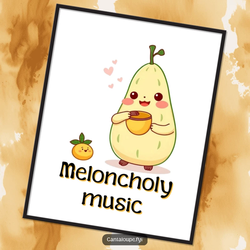 Funny Digital Art Print: Cantaloupe character playing a tiny bongo drum with a melon scoop, a cheerful musical composition.