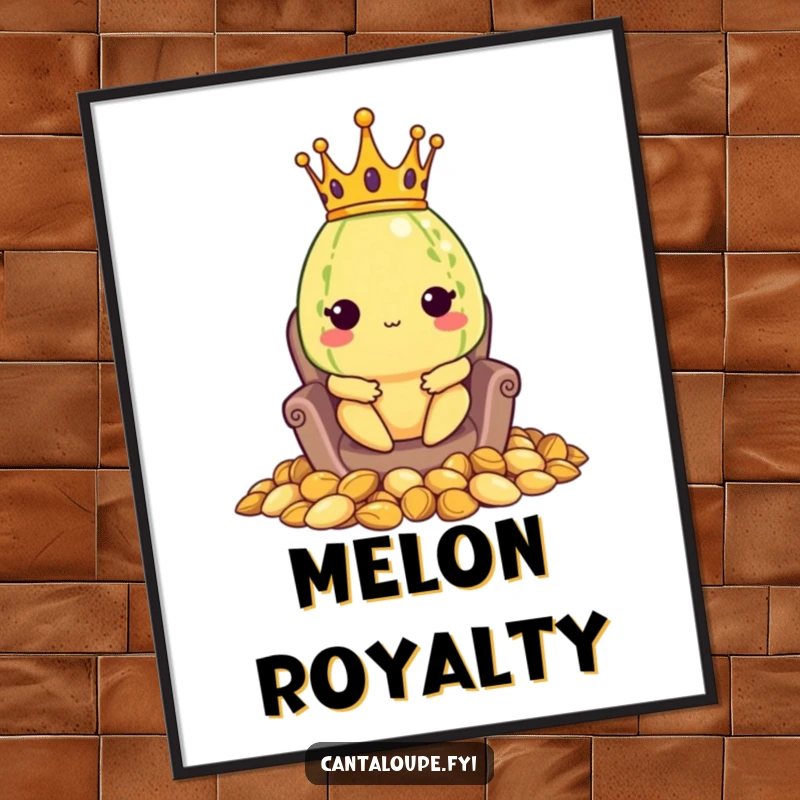 Funny digital art print of a crowned cantaloupe character sitting on a throne made of seeds, ready for instant download and display.