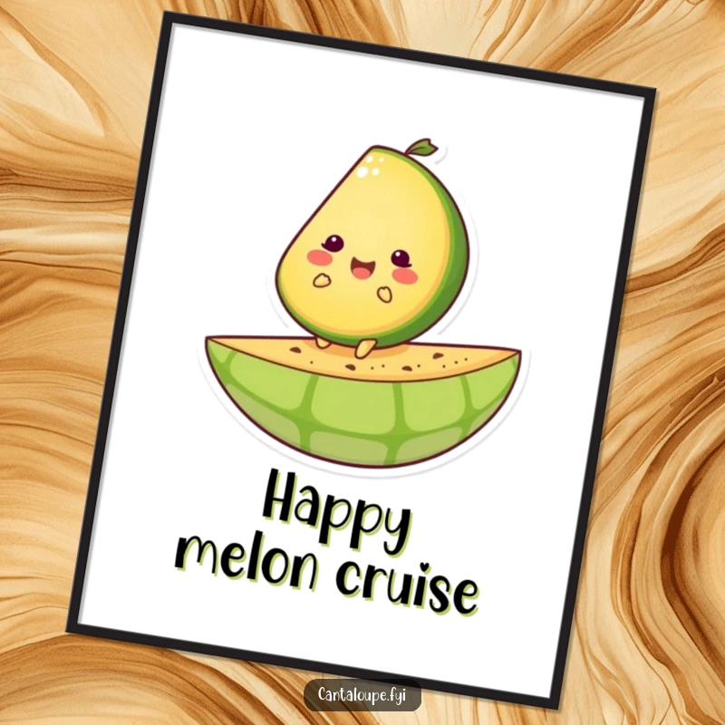Funny digital art of a happy cantaloupe slice character joyfully riding on a giant melon rind.