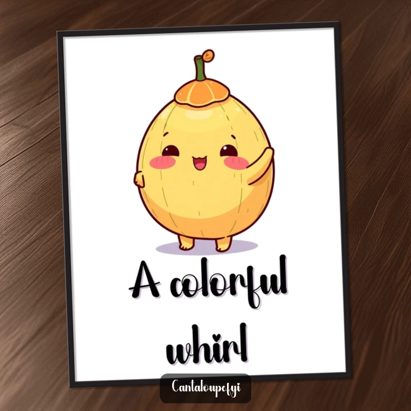 Funny digital art print of a happy anthropomorphic cantaloupe character spinning a small, colorful top.