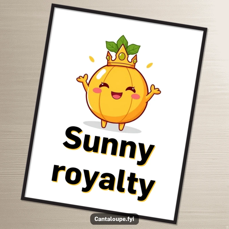 Funny Digital Art Print: A crowned cantaloupe poses regally, radiating sunny joy. An easy funny gift.