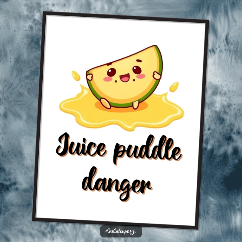 Funny digital art of a cantaloupe slice character comically slipping and falling on a puddle of juice.