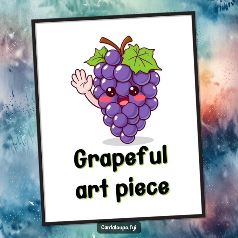Funny digital art print of a cute grape bunch character giving a friendly wave, offering instant fruity cheer and playful decor.