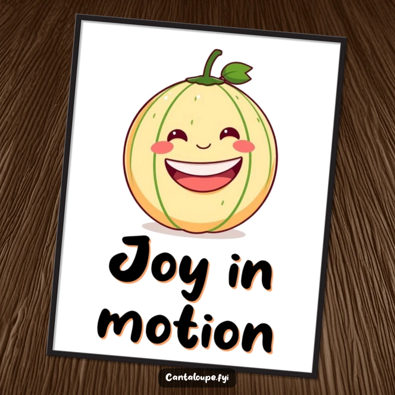 Funny Cantaloupe Digital Art: A high-quality image of a cantaloupe with a wide smile rolling downhill, ready to print and bring joy.